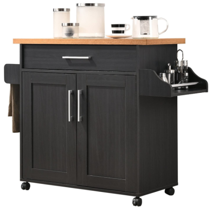 Hodedah Kitchen Island with Spice Rack, Towel Rack & Drawer, Black with Beech Top