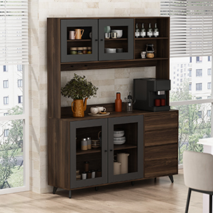 Freestanding Kitchen Pantry Storage Cabinet with Glass Doors. Shelves & Drawers
