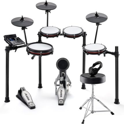 Alesis Nitro Max Kit Electric Drum Set with Quiet Mesh Pads, 10" Dual Zone Snare, Bluetooth, 440+ Sounds, Drumeo, USB MIDI, Drum Stool and Headphones