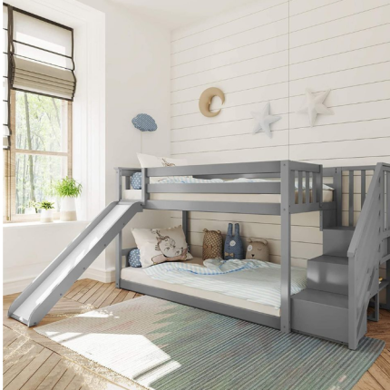 Low Bunk Bed, Twin-Over-Twin Bed Frame for Kids with Stairs & Slide, Clay