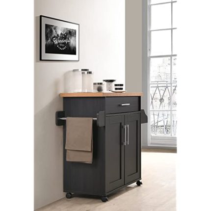 Hodedah Kitchen Island with Spice Rack, Towel Rack & Drawer, Black with Beech Top Black-beech