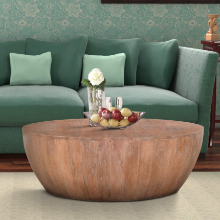 【Furniture】Drum Shape Wooden Coffee Table with Plank Design Base, Brown