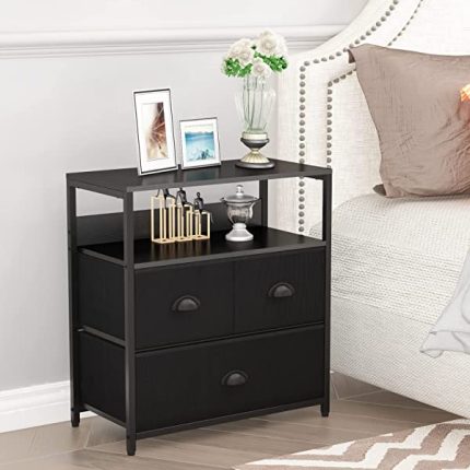 Furologee Nightstand with 3 Drawers, Dresser with Storage Shelf, Bedside Table/Closet Organizer, Rustic Fabric Linen Bins & Wooden Top for Bedroom, Hallway, Hotel (Rustic Brown)