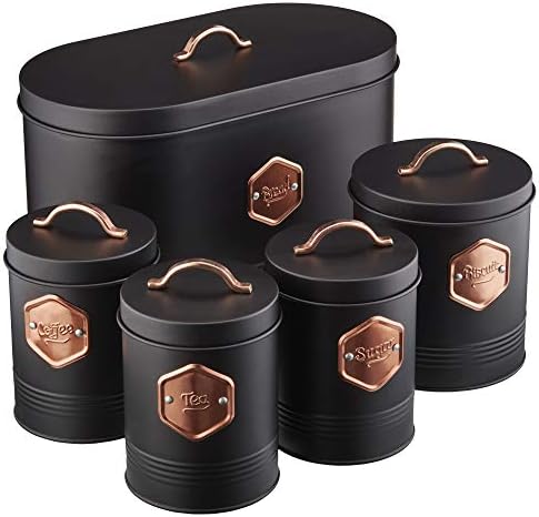 Cooks Professional Kitchen Storage Canister Set 5 Piece Tin Containers for Tea. Coffee. Sugar. Bi...