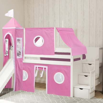 【Furniture】Princess Low Loft Stairway Bed with Slide Pink & White Tent & Tower, Loft Bed, Twin, White
