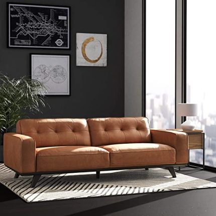 Amazon Brand – Rivet Bigelow Modern Oversized Leather Accent Chair with Wood Base, 44.1"W, Cognac / Espresso Cognac/Espresso Chair