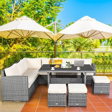 【Home&Garden】Stefanie Polyethylene (PE) Wicker 9 - Person Seating Group with Cushions
