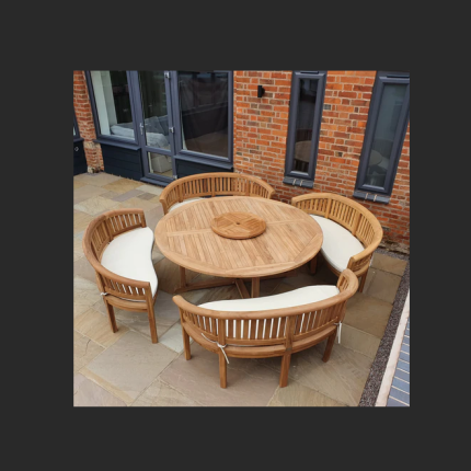 Teak garden dining set. 1.8m “Titan” round table, 4 bowwood style seats