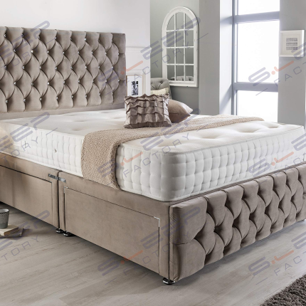 【Furniture】Pebble Plush Velvet Chesterfield 2 Drawer Divan Bed Set, Mattress & Headboard