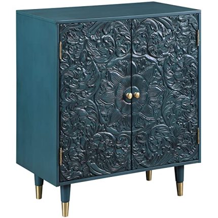 LALUZ Carved Accent Storage Cabinet Floor Cabinet for Bedroom Living Room, Oak Finish 30 Inch 30" L * 17.5" W * 35.5" H Blue