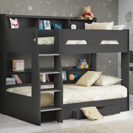 【Furniture】Wooden Bunk Bed with Underbed Storage Drawer, Modern Twin Sleeper with 2 Pocket Sprung Mattresses