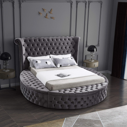 【Furniture】Contemporary Round Shaped Velvet Upholstered Bed with Deep Button Tufting & Footboard Storage, King