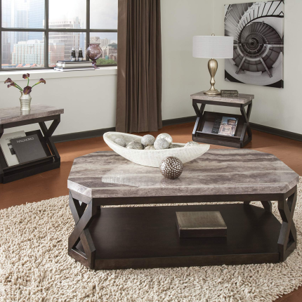 【Furniture】Faux Marble 3-Piece Table Set, Includes Coffee Table & 2 End Tables, Gray & Brown