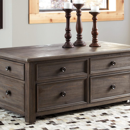 【Furniture】Rustic Rectangular Lift Top Coffee Table with 4 Storage Drawers, Dark Brown with Distressed Finish