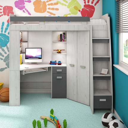 【Furniture】High Sleeper/Bunk Bed - All In 1 Right or Left Hand-side Stairs - Kids/Children Furniture Set