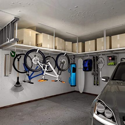 FLEXIMOUNTS 4x8 Overhead Garage Storage Rack Adjustable Ceiling Garage Rack Heavy Duty, 96" Length x 48" Width x (22''-40" Ceiling Dropdown),Hammertone 1-pack-Hammertone
