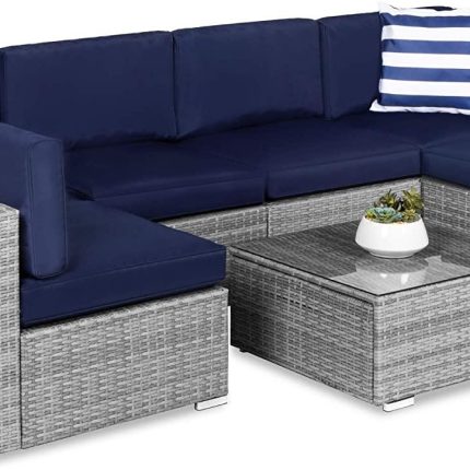 Best Choice Products 7-Piece Modular Outdoor Sectional Wicker Patio Furniture Conversation Sofa Set w/ 6 Chairs, 2 Pillows, Seat Clips, Coffee Table, Cover Included - Gray/Navy
