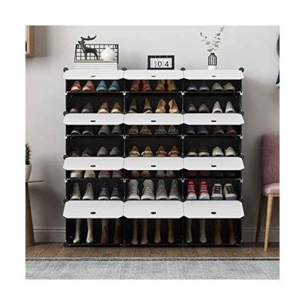 MAGINELS 48-Pair Portable Shoe Rack, DIY Shoe Storage Shelf Organizer, Plastic Shoe Cube Storage Organizer, Shoe Storage Tower Stand with Doors, Shoe Cabinet for Entryway, Black 48"x12"x48" Black