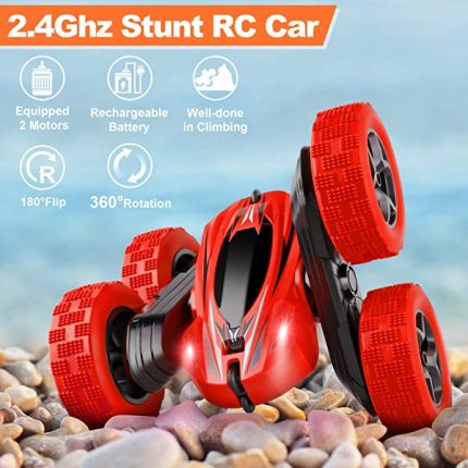 ORRENTE RC Cars Stunt Car Toy Remote Control Car, Offroad Remote Control Monster Trucks 4WD 2.4Ghz RC Rock Crawler with Headlights, Double Sided 360° Flips RC Car Toys Gift for Kids Boys Girls (Red)