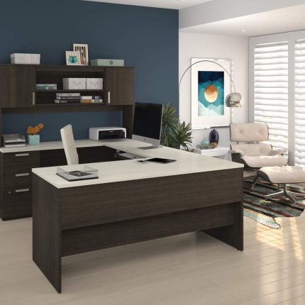 【Furniture】Bestar Ridgeley U-Shaped Executive Desk with Pedestal and Hutch, 65W, White Chocolate