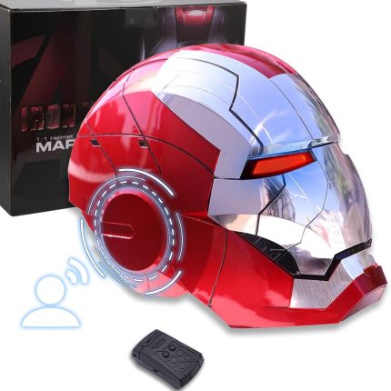 Adult Iron-Mans Helmet Electronic MK 5 Helmet with Jarvis Voice/Sensing/Remote Control Open/Close Sounds & LED Eyes Light Up Super Hero Movie 1:1 Model for Halloween