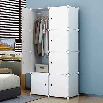 Aeitc Portable Wardrobe Closets 14"x18" Depth Cube Storage, Bedroom Armoire, Storage Organizer with Doors, 12 Cubes, White
