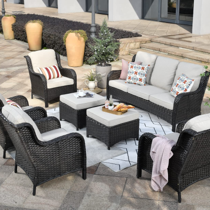 【Furniture】Outdoor Furniture Patio Furniture Set 7 Pcs All Weather Wicker Patio Conversation
