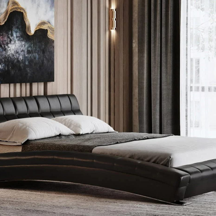 【Furniture】Modern Adonis Black Tufted Genuine Leather Platform Bed - King