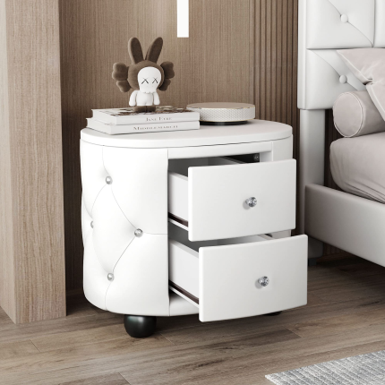 【Furniture】Modern Mid-Century Upholstered Night Stand with 2 Drawers for Bedroom Wood Bedside End Table