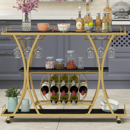 【Furniture】Bar Serving Cart with Glass Holder and Wine Rack, 3-Tier Kitchen Trolley, Mobile Wine Cart for Home