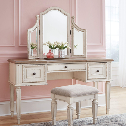 【Furniture】Traditional Cottage 3 Drawer Vanity Set with Dovetail Construction, Mirror & Stool Included